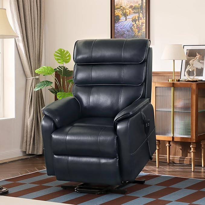 DYNOX 350 LBS Power Lift Recliner Chair for Elderly, Medium Size Dual Motor Lay Flat Infinite Positions Recliner with Heat & Massage (9188, Genuine Leather, Dark Blue)