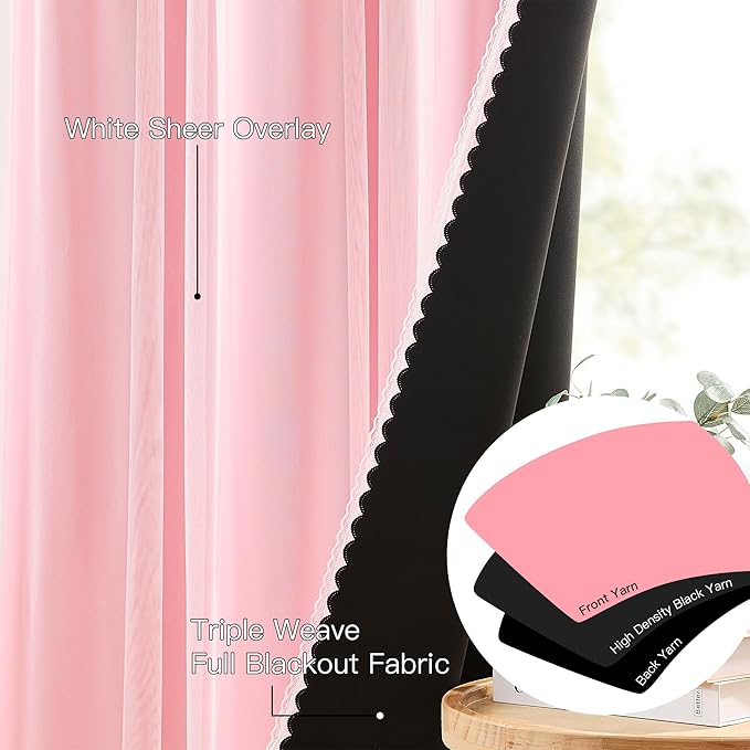 XiDi 100% Blackout Pink Girls Curtains for Bedroom 63 Inches Long 2 Panels Nursery Curtains with Sheer Overlay Kids Princess Room Decor Soundproof Light Blokc Grommet Window Drapes Pink 52W x 63L