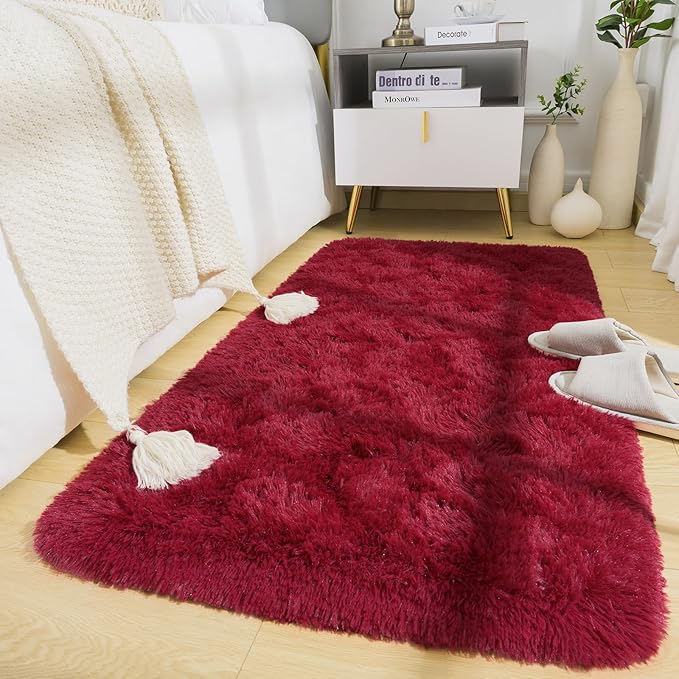 BENRON Fluffy Runner Rugs 2x4, Soft Long Runners for Bedroom Hallyway Entryway Kitchen, Washable Fuzzy Throw Rug for Kids Girls Room Decor Photo Prop, Wine Red