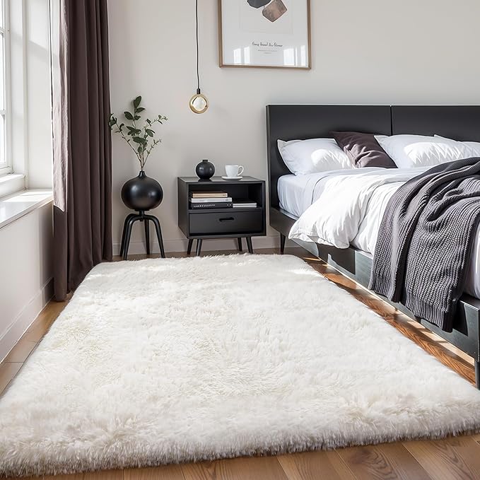Thick Area Rug 5x7 Cream White Fluffy Shag for Girl Bedroom,Ultra Soft Plush Fuzzy Washable Thickened Non-Slip Floor Carpet,Modern Furry Shaggy Rug for Living Room Nursery Kids Boy Dorm,Ivory