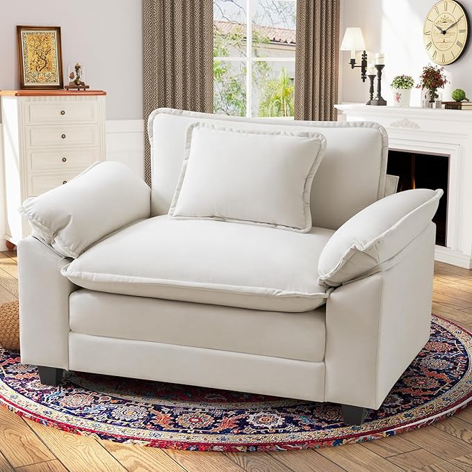 CDCASA Oversized Accent Chair, Velvet Comfy Cloud Sofa Chair with Large Seat and Upholstered Armrests, Modern Extra Wide Armchair Reading Chairs for Bedroom, Living Room, Beige