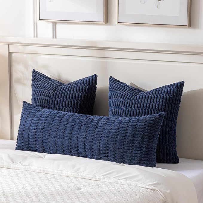 Fancy Homi 2 Packs Navy Blue Long Body Lumbar Decorative Throw Pillow Covers 14x36 Inch for Bed Couch Bedroom Bench, Soft Corduroy Rectangle Solid Pillow Case, Rustic Farmhouse Boho Room Decor