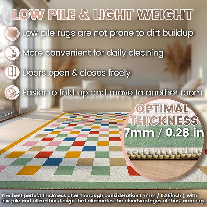 Washable 5x7 Checkered Area Rug for Living Room, Colorful Rainbow Checkerboard Modern Large Rugs, Faux Wool Low Pile Lightweight Indoor Carpet with Non-Slip Backing for Bedroom Kids Nursery Play Room
