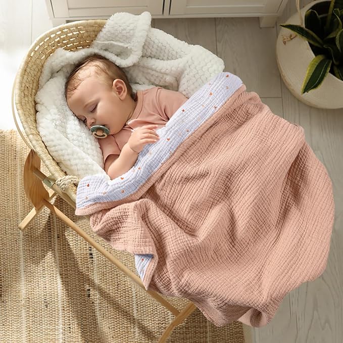 lulumoon Muslin Baby Blanket - Cotton Quilt Blankets for Toddlers - Reversible Nursery Crib Blanket for Baby Boys and Girls 47"x47"(Peach Pink)