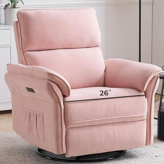 Oversized Power Recliner Chair Swivel Glider with Massage and Heat, Rocker Nursery Recliner for Adults with Adjustable Headrest, 26" Extra Wide Nursery Chair with Overstuffed Armrest,Pink