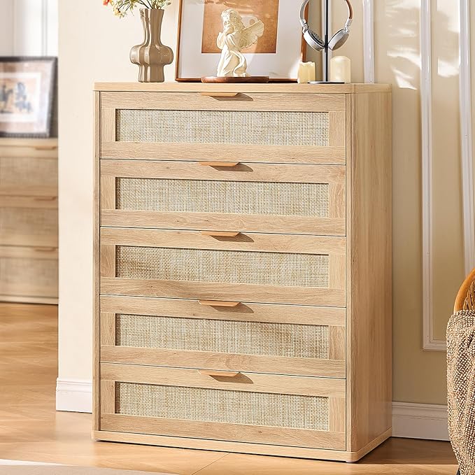 LEYAOYAO Rattan Dresser for Bedroom, 41" Tall Chest of Drawers, Modern 5 Drawers Boho Dressers with Storage, Light Oak Dresser Wooden Closet Organizer for Living Room, Hallway, Natural Wood