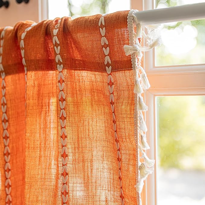 Deeprove Orange Boho Curtain Valance for Cafe Kitchen Closet Doorway Cottage Decor, Burnt Sheer Bohemian Farmhouse Cotton Linen Short Panel Tassel Vintage Chic Window Drape, W52 x L18, 1 Piece