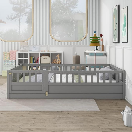 GDFStudio Full Size Floor Bed Frame with Door & Guardrails, Toddler Full Bed Frame for Boys Girls, Low to Floor Wooden Bed Rails for Toddlers, Montessori Floor Bed for Baby, No Support Slat, Grey