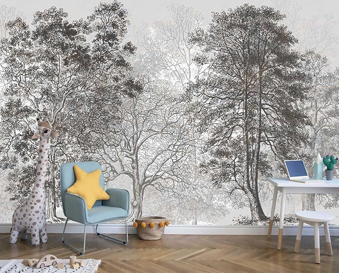 Vintage Forest Mural Wallpaper Gray Trees Woodland Wallpaper Bedroom Living Room Large Art Mural Vintage（Not Peel and Stick）