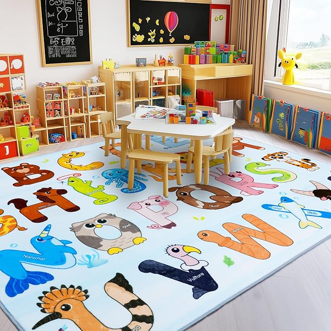 Kids Rugs for Playroom, 7x9 Feet Educational Rug for Learn The ABC Alphabet, Soft Machine Washable Non-Slip Cute Animal Carpet for Classroom Toddler Nursery Kids Room Decor Mat, Blue
