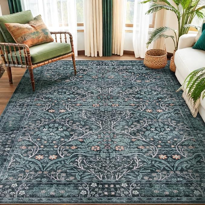Retro Green Area Rug 6x9 Machine Washable Rug for Living Room,Entryway Bedroom Farmhouse Nursery Home Office，Low Pile Stain & Slip Resistant Large Dark Green Carpet for Bedroom