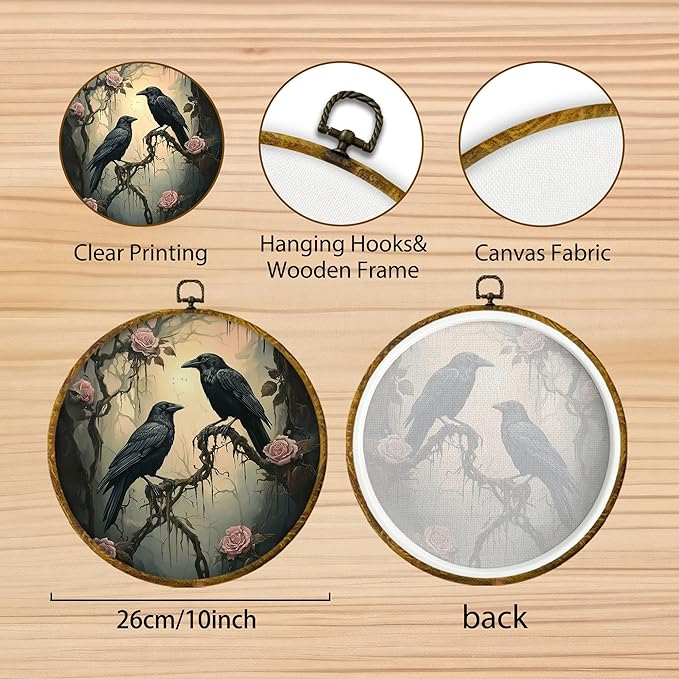 Hiuwevt Gothic Mystical Floral Two Ravens Round Wall Art Decor, Spooky Forest Black Crow Hanging Canvas Prints Artwork Framed, Dark Academia Goth Circular Wall Decor for Home Room, 10x10 Inch