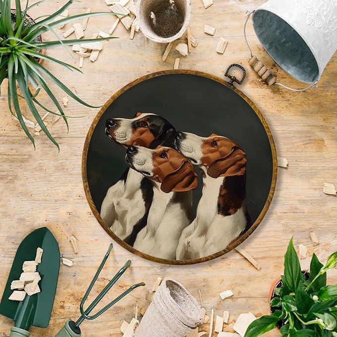 Hiuwevt Hound Dog Round Wall Art Decor, Whimsical Dark Moody Three English Foxhounds Framed Canvas Prints, Retro Dogs Portrait Round Wall Hanging Decor for Bedroom Home Decorations, 10x10 Inches