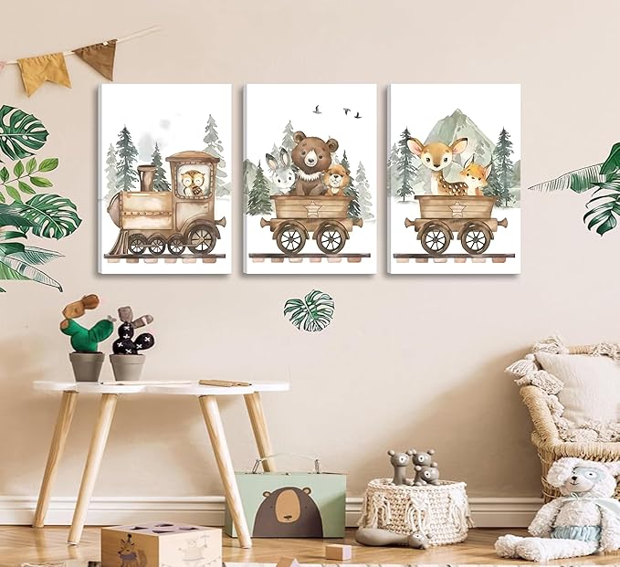 3Pcs Framed Woodland Animal Nursery Canvas Wall art Forest Wildlife Train Adventure Drawing Picture Wall Decor Fox Bear Deer Rabbit Owl Poster Printings for Boys Girls Room Home Decoration
