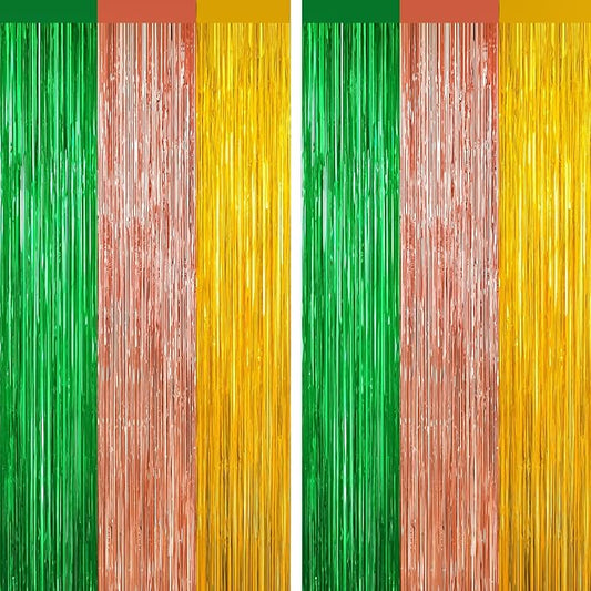 2 Pack Metallic Tinsel Foil Fringe Curtains, Door Streamers Photo Booth Backdrop for Birthday Party, Tinsel Curtain Backdrop for Baby Shower Christmas Party Decorations, Green Rose Gold and Gold