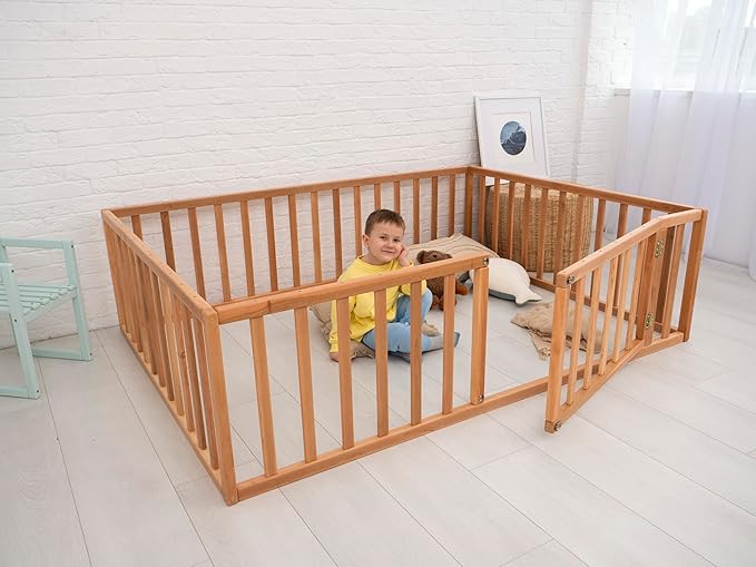 Montessori Floor Bed with 21.7" High Railings, Made in Europe from Alder Wood, 7 Colors Kids Bed Frame for Toddler Bedroom, 5 Sizes Toddler Beds for Boys and Girls, Water Based Paint (Model 19)