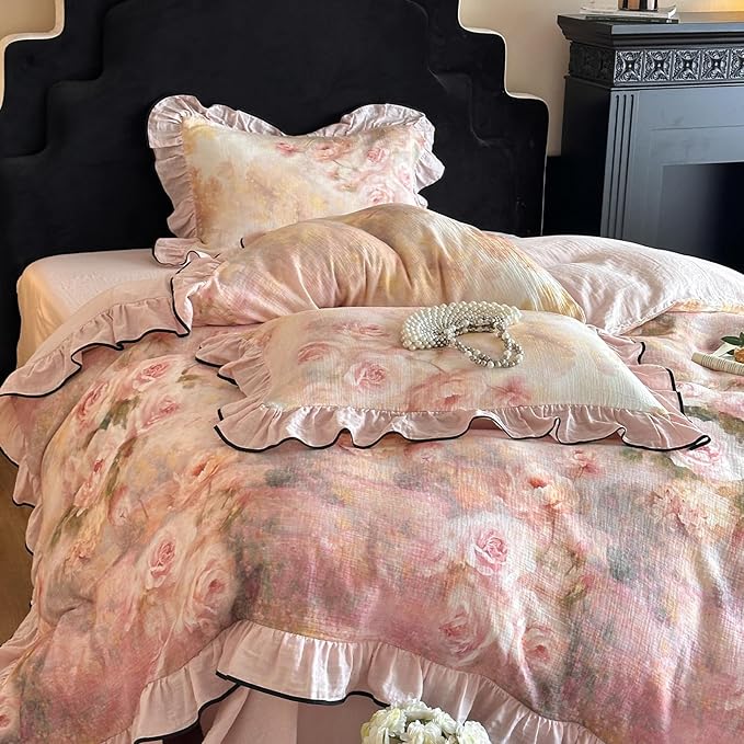 HighBuy Pink Floral Duvet Cover Twin XL Ruffle Lace Design,Premium Linen Cotton Yarn-Dyed Textured Coquette Rose Floral Comforter Cover Set for College,Farmhouse Bedding Set with 2 Pillowcases
