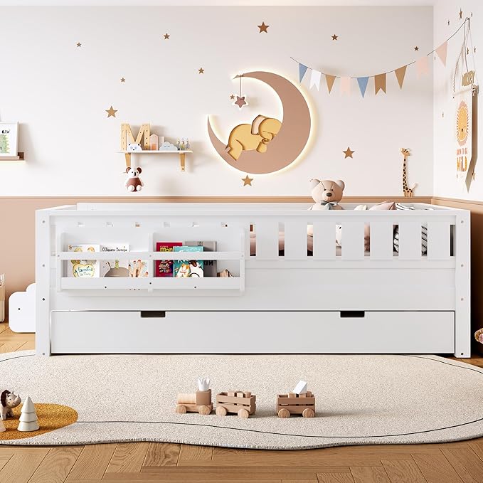 Bellemave Twin Bed with Trundle Twin and Stairs, Twin Size Platform Bed Frame with Fence and Bookshelf, Easy Assemble Beds for Kids, Girls, Boys, White