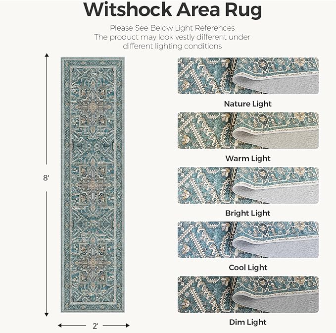 WITSHOCK 2x8 Teal Runner Rug for Hallway, Washable Rug Distressed Boho Soft Low Pile Stain Resistant Foldable Carpet for Kitchen Entryway Indoor Entrance Laundry Vintage Farmhouse Home Decor