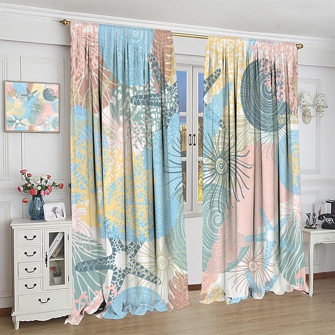 Nautical Blackout Curtain Beach Theme Starfish Seashell Nautical Rustic Ocean Sea Vintage Retro Coastal Summer Bedroom Set 2 Panels,42x54 Inches