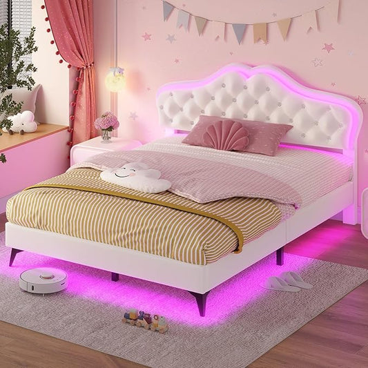 ADORNEVE Queen Bed Frame with RGB LED Lights, Princess Bed Frame with Adjustable Crystal Button Headboard, Velvet Upholstered Platform Bed for Girls, Solid Wooden Slats, Easy Assembly, Creamy White