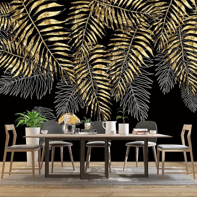 Black and Gold Leaf Mural Bedroom Tropical Botanical Wallpaper Room Plant Decor Living Room tv Background Large Wall Mural - 137"x96" (Not Peel and Stick)