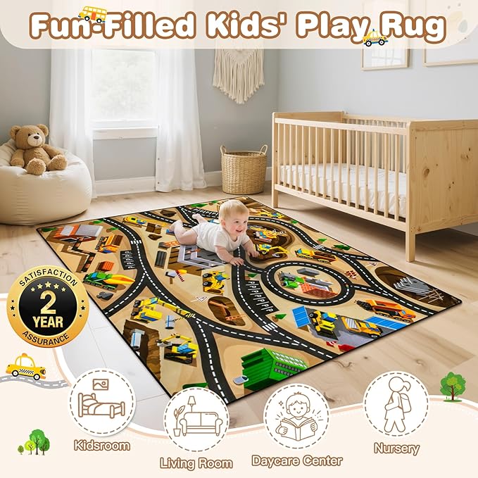 Kids 5x7 FT Construction Site Car Rug - Extra Thick (0.4in),Tufted Wool & Rubber, Non-Slip, Stain & Fade Resistant, Machine Washable, Rustic Cartoon Construction Site Pattern