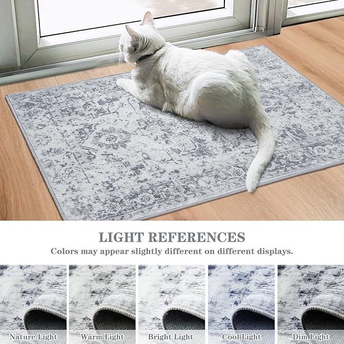 Area Rug 8x10, Washable Rug for Living Room, Large Area Rugs for Bedroom, Vintage Rug 8x10 for Dining Room, Non Slip Soft Low Pile Indoor Carpet for Kitchen, Nursery, Office, Farmhouse, Grey
