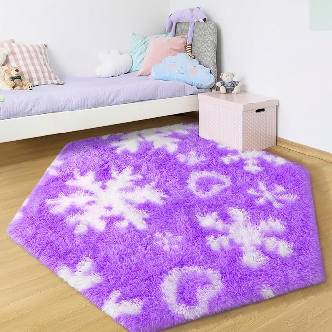 EVOIONOS Purple Princess Tent Rug, 4x4.6 Feet Area Rugs for Girls Bedroom, Fluffy Snowflake Rug for Room Decor, Plush Carpet for Kids Room Playroom Nursery Decor, Cute Hexagon Purple Rugs