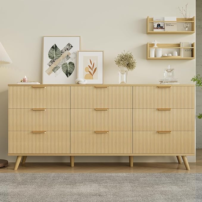 63" Long Fluted 9 Drawer Dresser for Bedroom - Modern Chest of Drawers - Natural Wood Dresser - Boho Storage Wood Organizer for Living Room, Hallway, Closet
