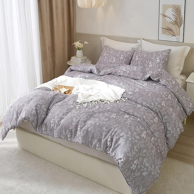 HighBuy Garden Floral Duvet Cover Queen Girls 100% Cotton Lavender Botanical Boho Bedding Set Queen Vintage Chic Floral Bed Comforter Cover with 2 Pillowcases Lightweight Aesthetic Duvet Cover Set