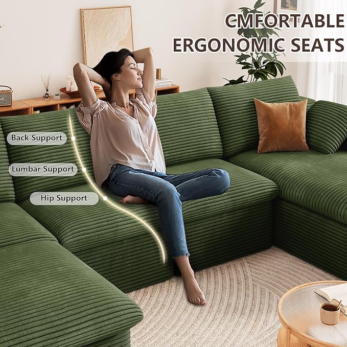136" Cloud Modular Sectional Sofa with 1 Ottoman, Deep Seat Boneless Couch, Modern Upholstered Corduroy Couches, Comfort U Shaped Sofa for Living Room, No Assembly Required(Green,Right Facing Chaise)