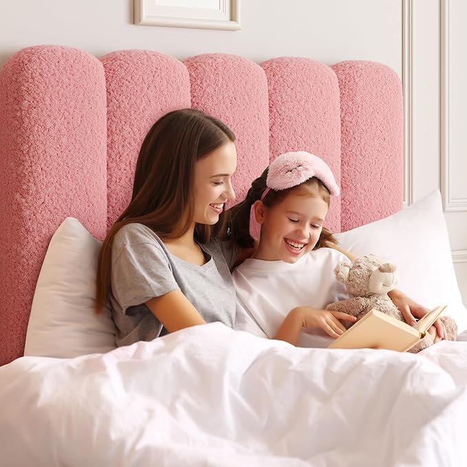 GarveeHome 2 Sets Twin Bed Frame with Under-Bed Drawer, Upholstered Platform Bed with Wave Headboard for Kids/Girls, Wooden Slats Support, No Box Spring Needed, Boucle Pink