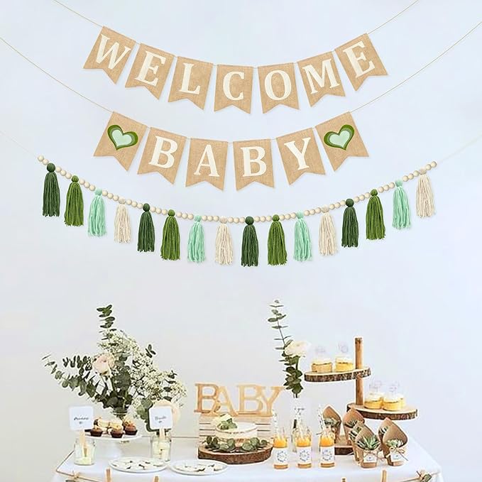 Baby Shower Burlap Pennant Banner Flag Felt Welcome Baby Sign Ombre Sage Green Heart and Olive Green Tassel Garland with Beads for Neutral Baby Shower Hello Baby Welcome Baby Party Decoration Supplies