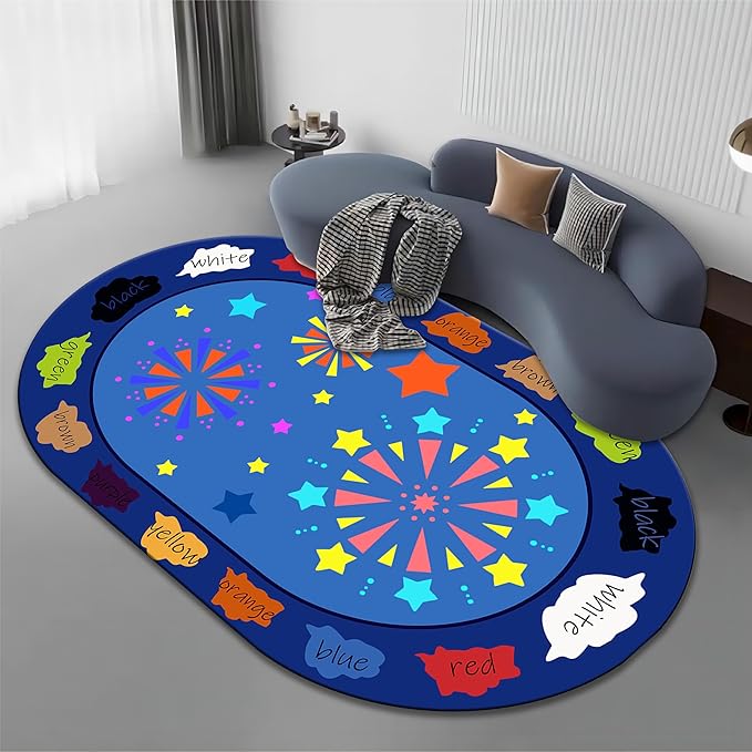 Kids Educational Rug, 3x5ft, Children's Area Rugs for Learning Colors and Shapes, Stars Firework Pattern Oval Rug for Classroom Playroom, Soft Non-Slip Blue Floor Mat for Boys Girls Bedroom