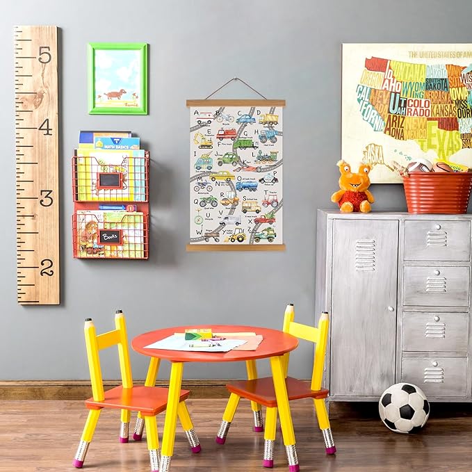 KAIRNE Transport Alphabet Poster With Wood Magnetic Hanging Framed(35CMx56CM) School Bus Vehicle ABC prints,Construction Boys Room Wall Art,Inspirational Truck Car Pictures for Boys Playroom Decor