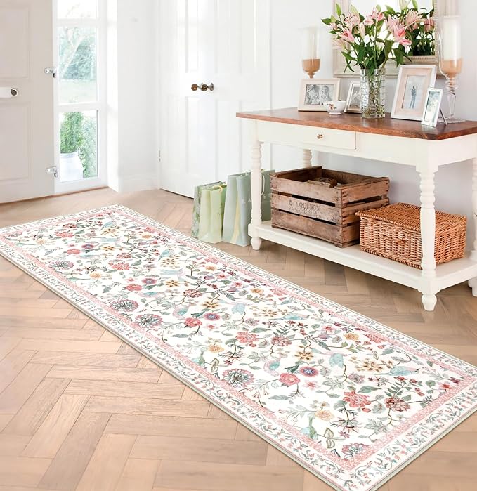 Floral Washable Runner Rug, 2.6x8 Pink Rug Runners for Hallways Non-Slip, Soft Low Pile Flower Birds Long Bathroom Mat Botanical Throw Carpet for Kitchen Laundry Entryway Porch