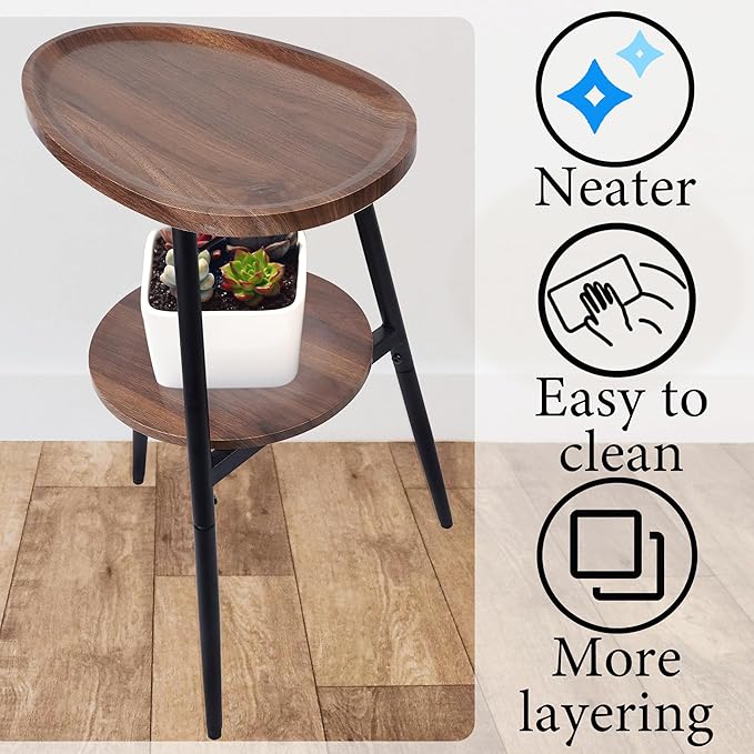 Side Table Small End Table, Oval Round Wood Sofa Table, 2 Tier Accent Table Nightstand Bedside Table with Metal Frame for Living Room, Bedroom, Small Spaces (Rustic Brown)