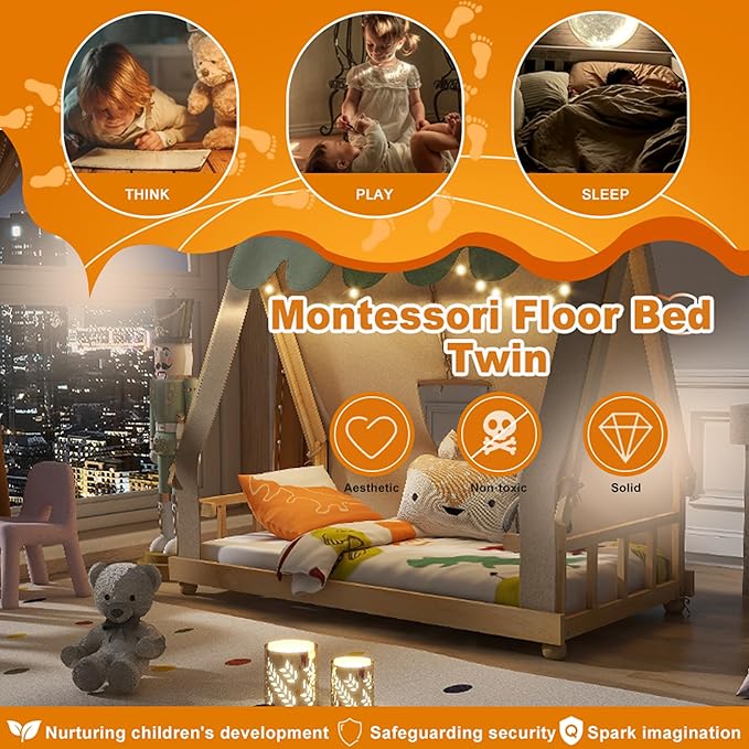 Twin House Bed for Kids with Light and Tent, Montessori Floor Bed Twin for Kids Girls Boys Teens Bedroom, White