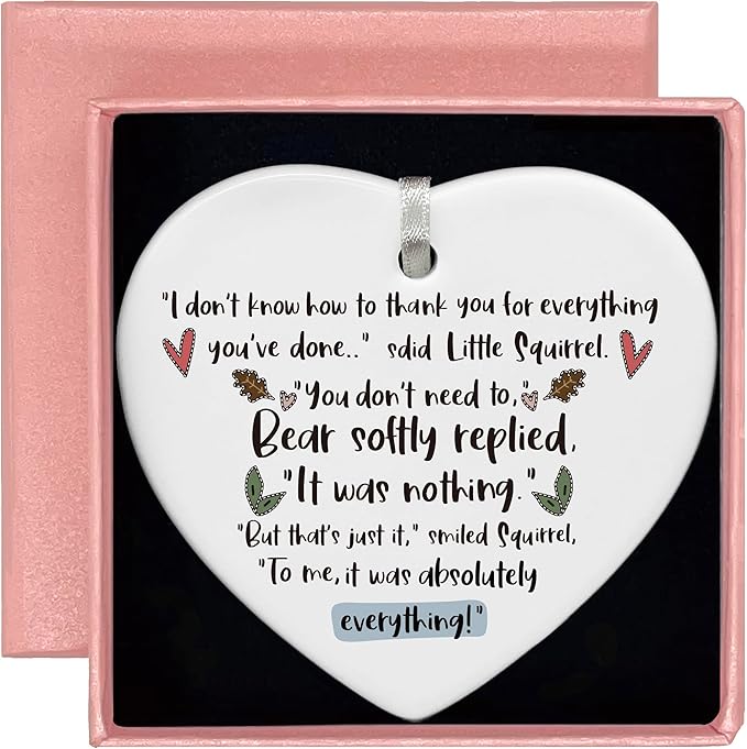 Heart Shaped Christmas Ornament-Thank You Keepsake-Animal Theme Squirrel Bear Design-Gift to Say Thanks-Appreciation Present for Teacher Friend Coworker with Gift Box
