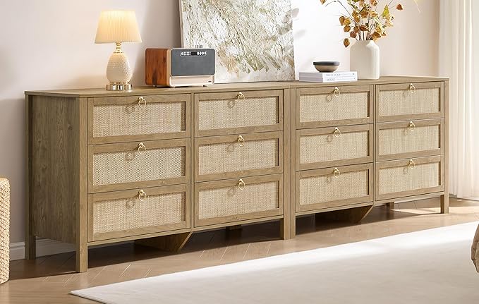 SICOTAS 6 Drawer Dresser for Bedroom - 2 Pieces 51" Wide Rattan Dressers Chest of Drawers for Closet, Larger Storage Cabinet Farmhouse Boho Dresser TV Stand for Living Room, Hallway (Carbon Cherry)