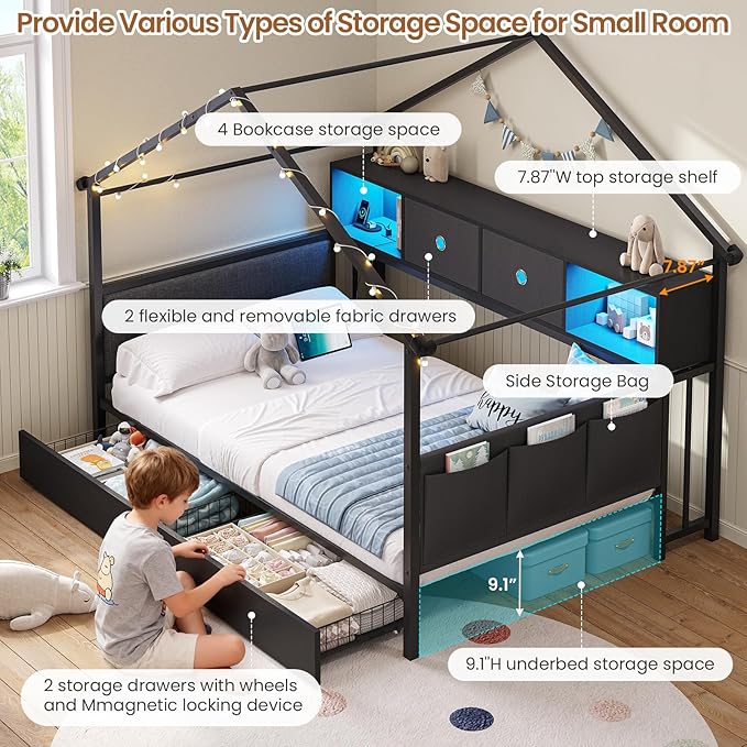 DICTAC Twin Corner Bed Frame with Storage Bookcase,Charging Station and Upholstered Headboard House Shaped Twin Size Bed Frame with 2 Storage Drawers,RGB LED and Globe Lights,Kid twin House Beds,Black