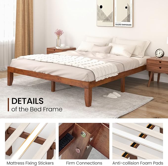 KOMFOTT 14 Inches Wood Platform Bed Frame King Size, Wooden Mattress Foundation with Rubber Wood Frame, Strong Wooden Slat Support, No Box Spring Needed, Bed Frame (Brown Cherry)