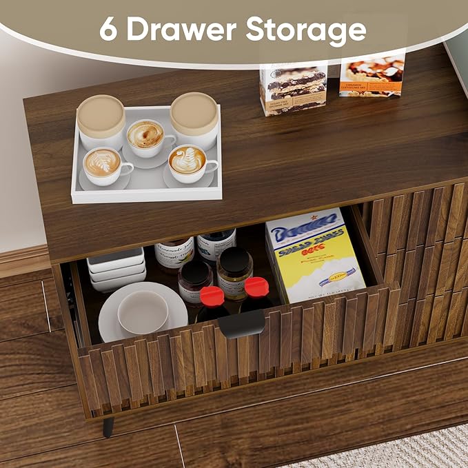 Fluted 6 Drawers Dresser, 47.24" W Modern Chest of Drawers,Wood Farmhouse Dresser Drawer Organizer for Bedroom, Living Room, Hallway, Entryway, Walnut