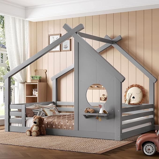 SOFTSEA Full Size House Bed Frame, Kids Floor House Bed with Window and with Storage Shelf for Boys Girls, Wood Montessori Bed with Roof and Guardrails, Grey