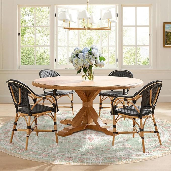 Vhong Boho Area Rugs Vintage Washable Modern Neutral Carpet Green and Pink 8×8 High Traffic Round Rugs for Dinning Room Living Room Bedroom Farmhouse Non Slip