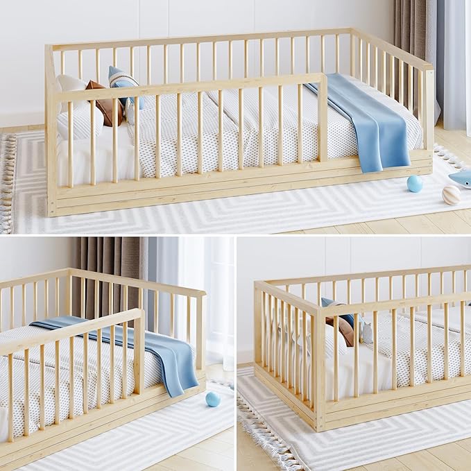 Montessori Slatted Floor Bed for Boys and Girls | Slatted Bed with Natural Solid Pine Frame | Sturdy Designed Floor Bed for Children (Crib)