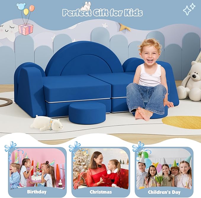 12 PCS Modular Kids Play Block Couch Child Sectional Sofa Toddler Building Fortplay Bedroom Playroom Baby Convertible Floor Foam Cushion for Boys & Girls (Blue-Double)