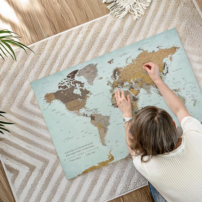 ElephantStock - A Thousand Miles World Push Pin Map Wall Art - Horizontal Canvas Wall Art - Living Room Wall Decor - Printmaking Map Canvas Art - Blue And Brown Decor - 39" x 26"