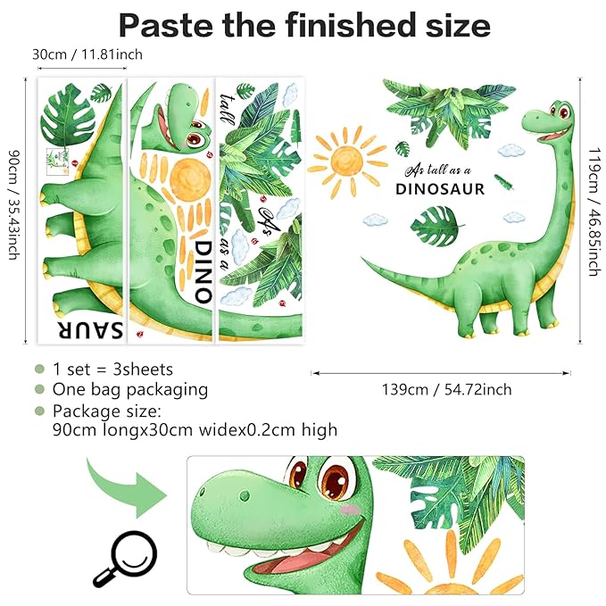 Large Dinosaur Wall Decor for Kids Boys Room, Sunoyar Dinosaur Wall Decals Removable, Peel & Stick Dino Wall Stickers for Nursery Bedroom